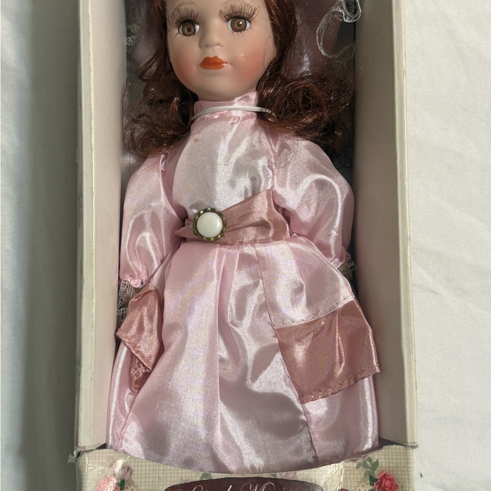 Classic Pink Satin-Style Collectible Doll with Brown Hair
